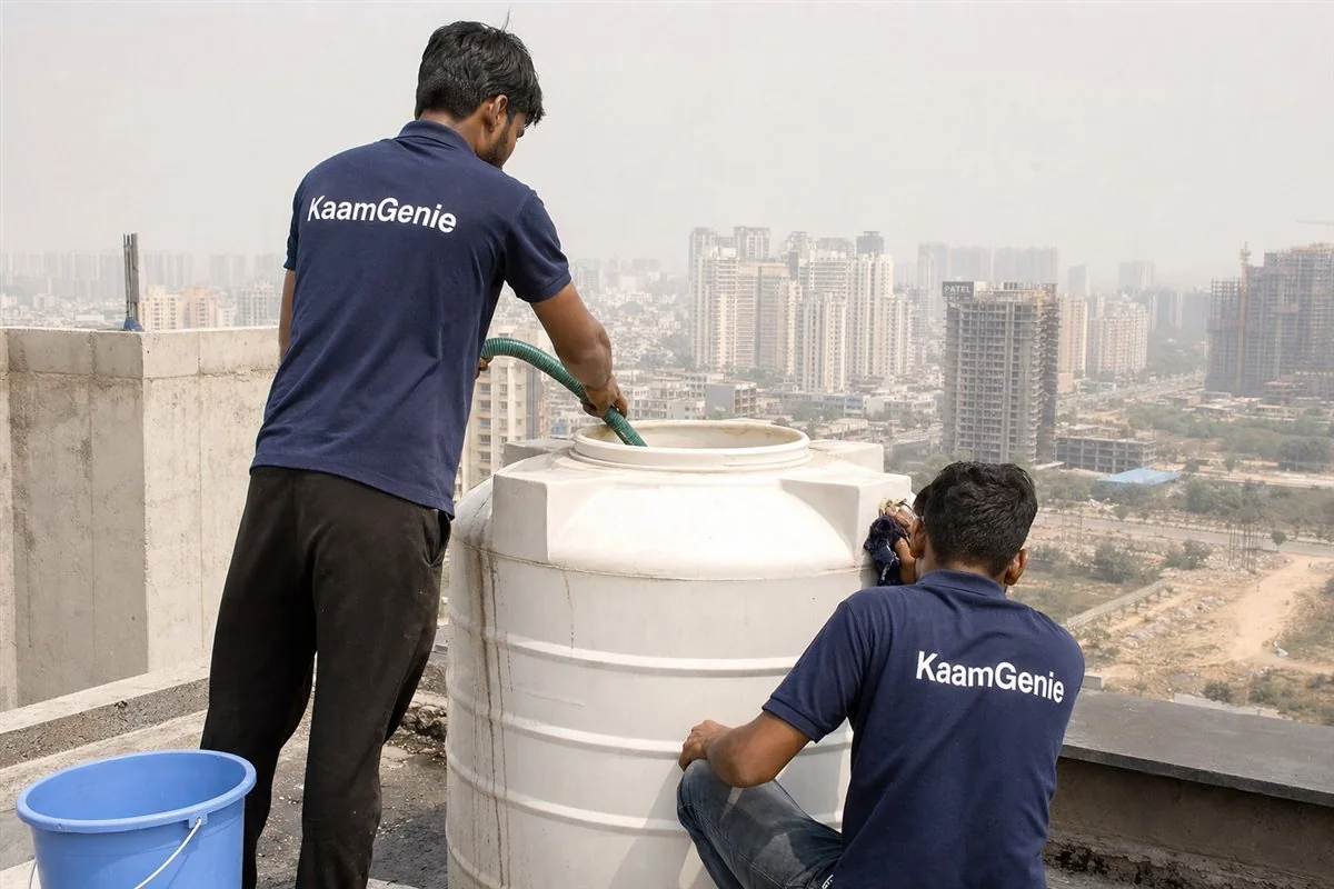KaamGenie crew cleaning a water tank in Sector 93 (New Gurgaon), Gurgaon