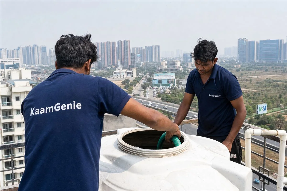 KaamGenie crew cleaning a water tank in Sector 95 (Dwarka Expressway), Gurgaon