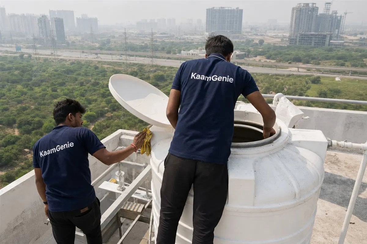 KaamGenie crew cleaning a water tank in Sector 99 (Dwarka Expressway), Gurgaon
