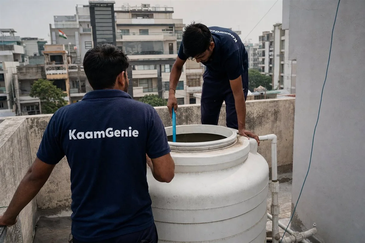 KaamGenie crew cleaning a water tank in Shivaji Nagar, Gurgaon
