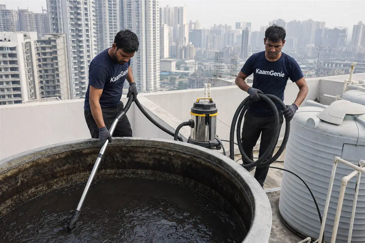 KaamGenie crew cleaning a water tank in Sohna Town, Gurgaon