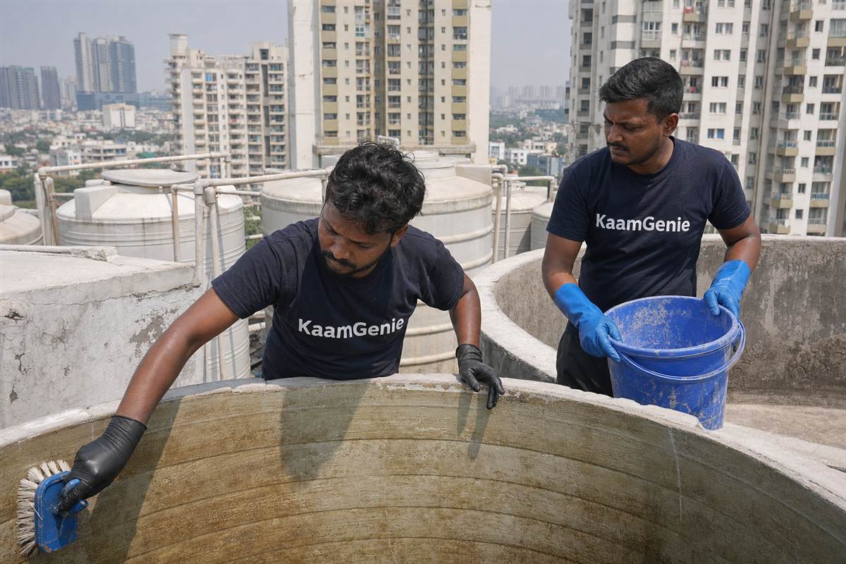 KaamGenie crew cleaning a water tank in South City, Gurgaon