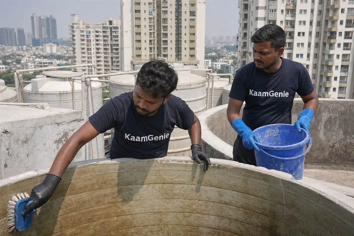 KaamGenie crew cleaning a water tank in South City, Gurgaon