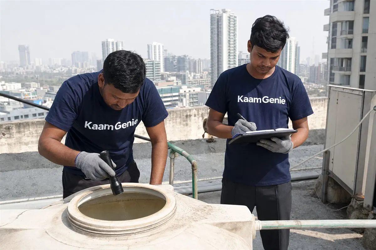 KaamGenie crew cleaning a water tank in Subhash Chowk, Gurgaon