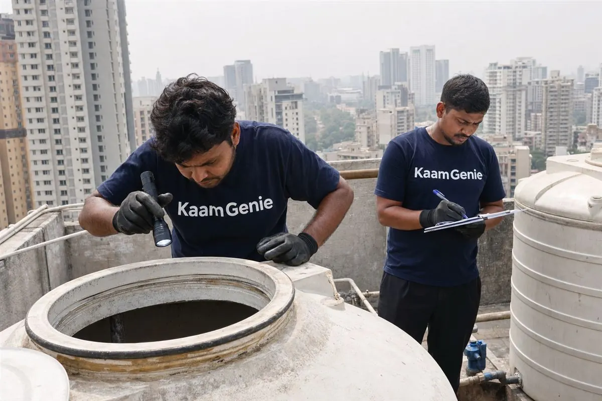 KaamGenie crew cleaning a water tank in Suncity, Gurgaon