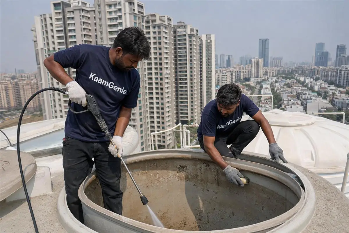 KaamGenie crew cleaning a water tank in Sushant Lok 2, Gurgaon