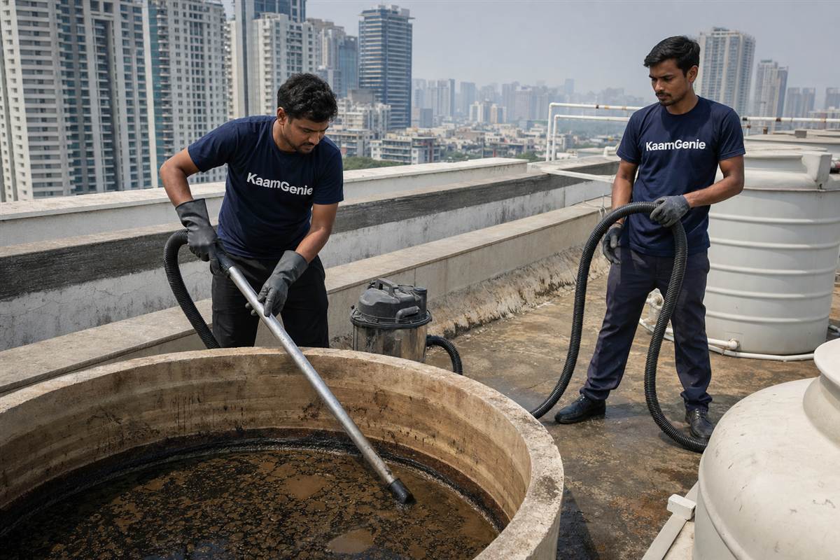 KaamGenie crew cleaning a water tank in Sushant Lok, Gurgaon