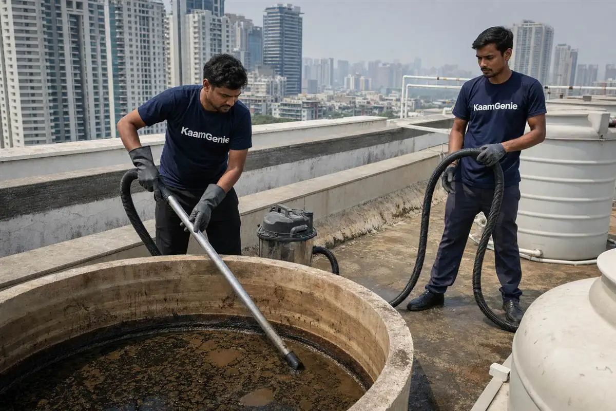KaamGenie crew cleaning a water tank in Sushant Lok, Gurgaon