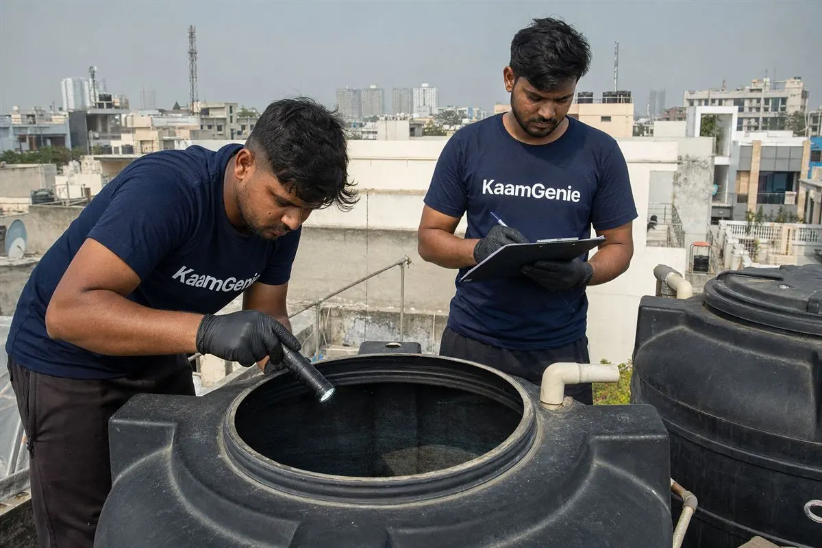 KaamGenie crew cleaning a water tank in Udyog Vihar, Gurgaon