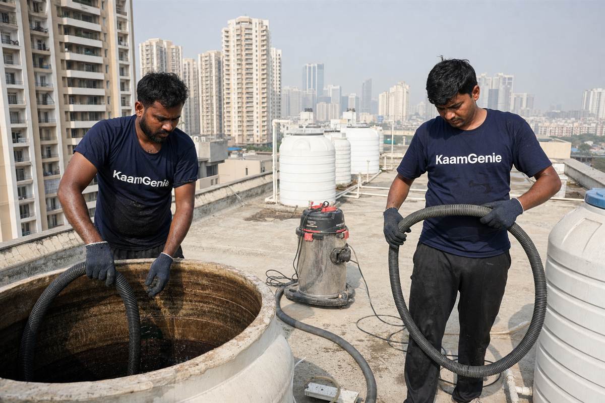 KaamGenie crew cleaning a water tank in Uppal Southend, Gurgaon