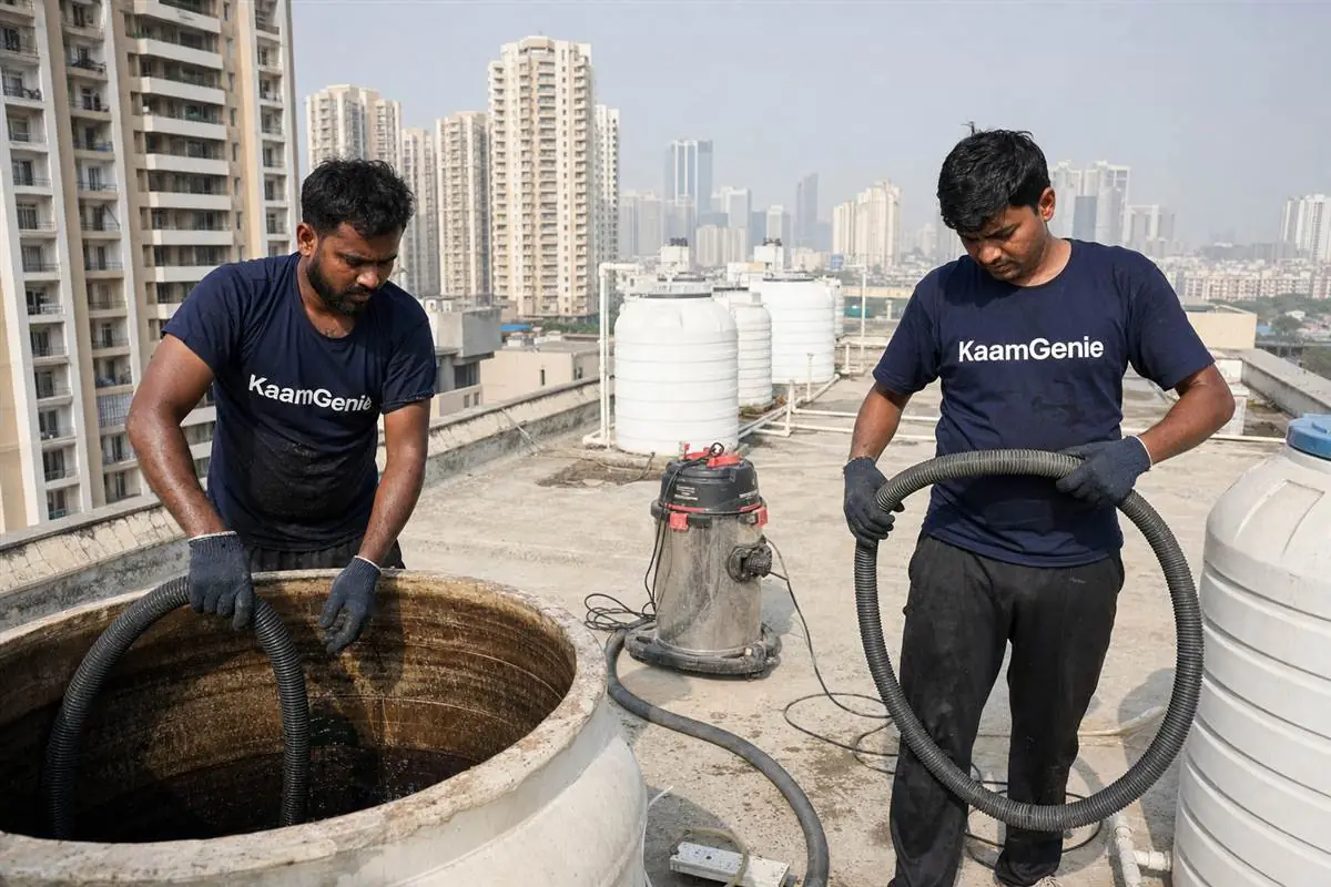KaamGenie crew cleaning a water tank in Uppal Southend, Gurgaon