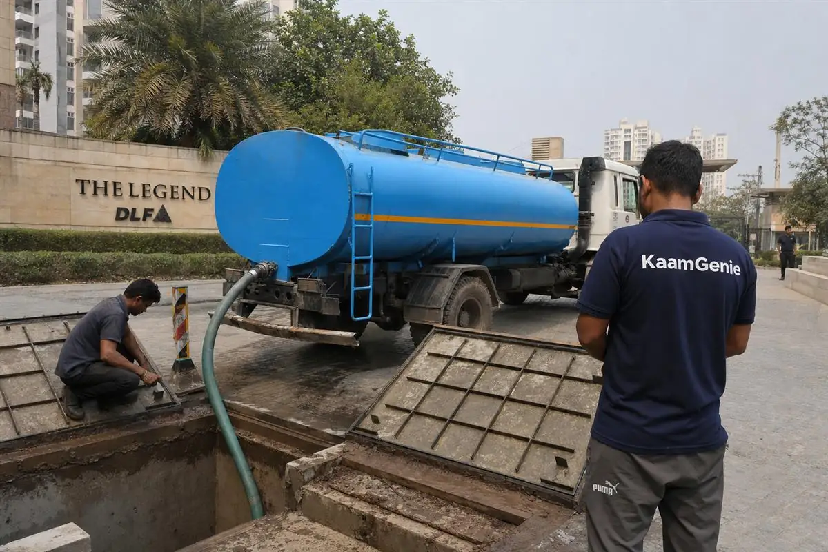 A water tanker filling a large underground reservoir at a Gurgaon society gate while a KaamGenie crew member in a navy shirt stands by