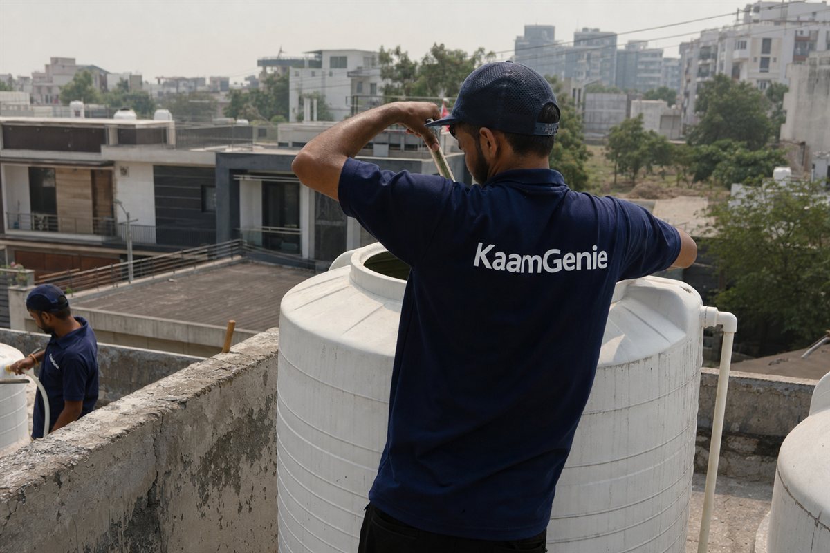 KaamGenie worker in a navy shirt cleaning a rooftop plastic drum on a Gurgaon builder floor