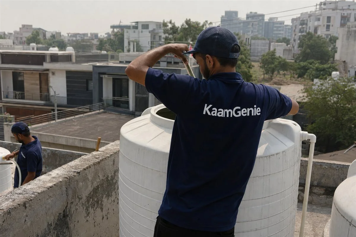 KaamGenie worker in a navy shirt cleaning a rooftop plastic drum on a Gurgaon builder floor
