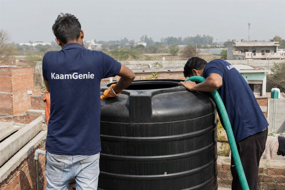 KaamGenie crew cleaning a water tank in Wazirabad, Gurgaon