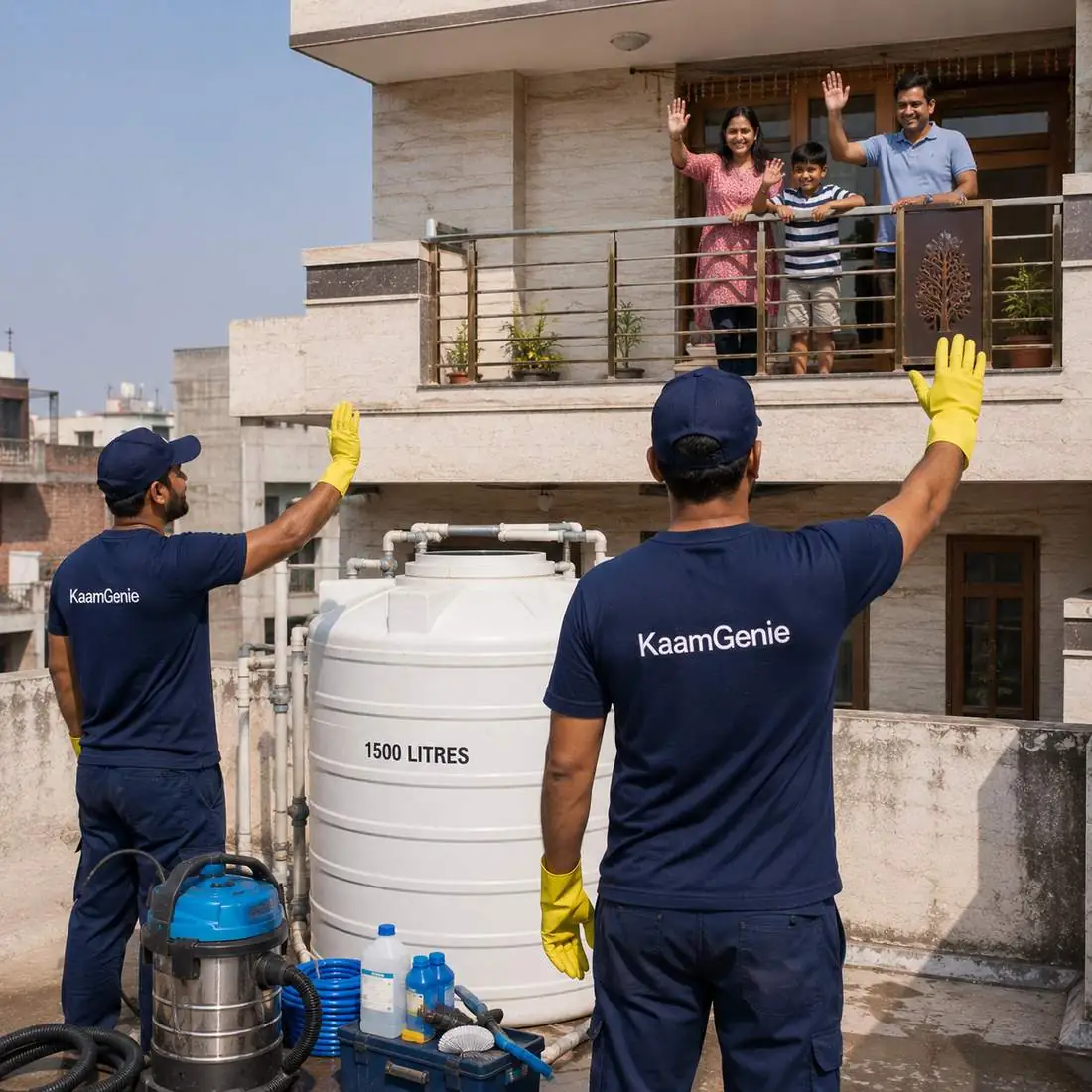 KaamGenie crew cleaning a water tank in Haiderpur, West Delhi