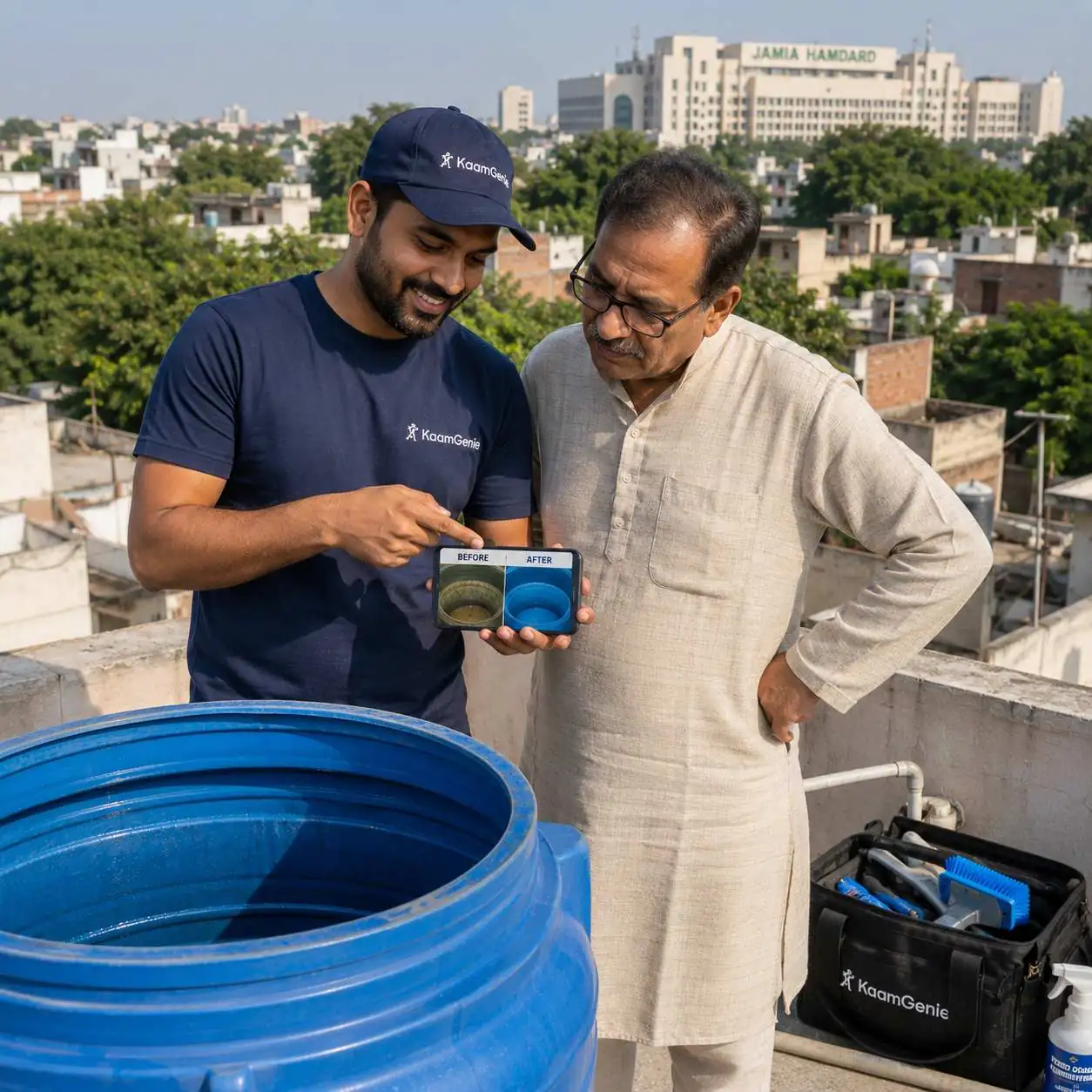 KaamGenie crew cleaning an overhead water tank on a Hamdard Nagar rooftop in South Delhi