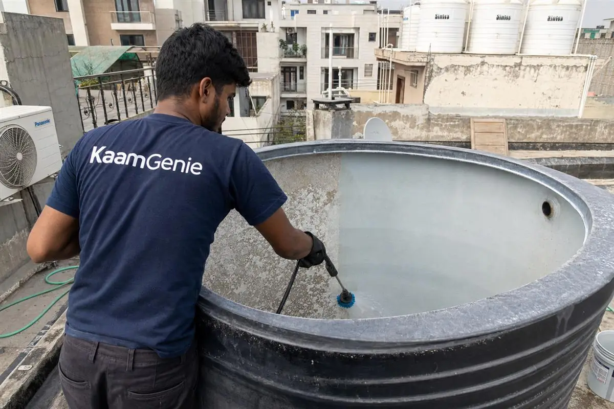 White and grey calcium scale crusted on the inside wall and floor of a Delhi water tank fed by hard borewell water