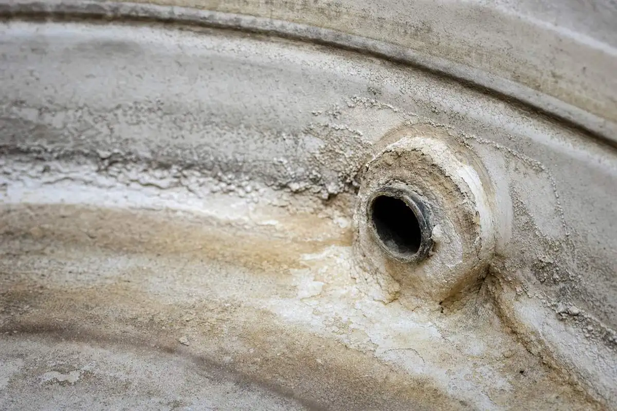 Close-up of thick white calcium scale crusted on the inside wall and inlet fitting of a plastic water tank in Delhi