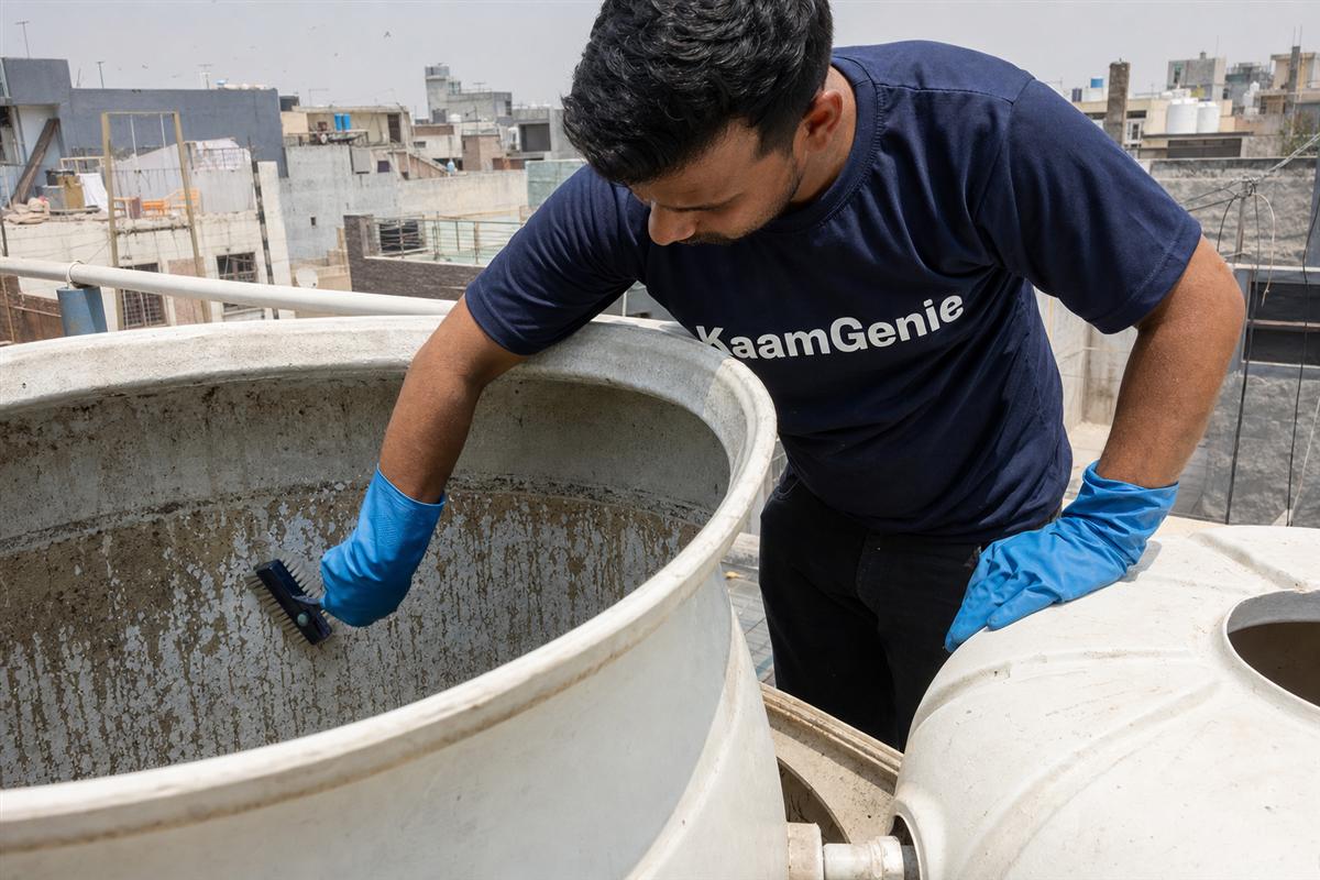 KaamGenie crew member applying a food-safe descaling agent and scrubbing calcium scale off the inside wall of a Delhi water tank
