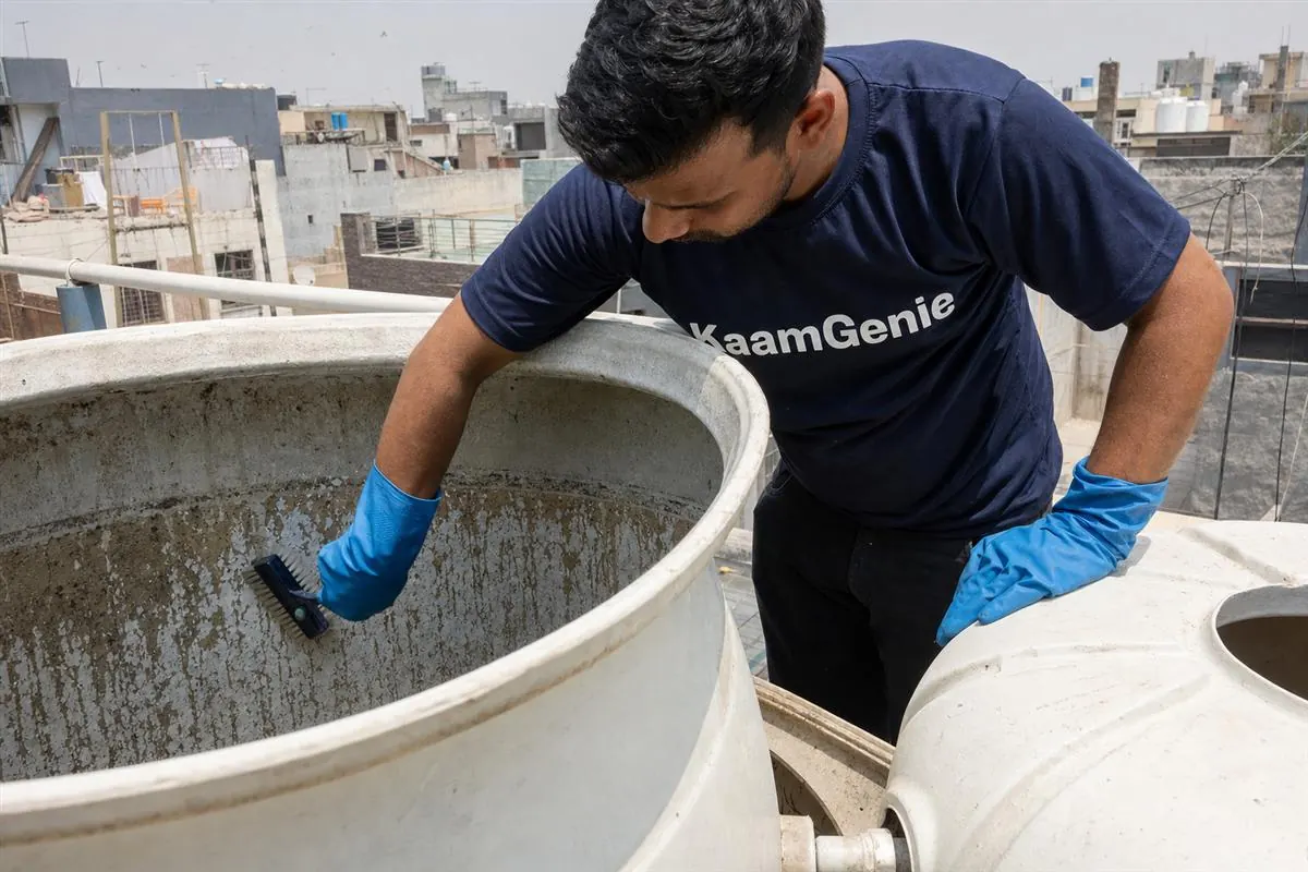 KaamGenie crew member applying a food-safe descaling agent and scrubbing calcium scale off the inside wall of a Delhi water tank