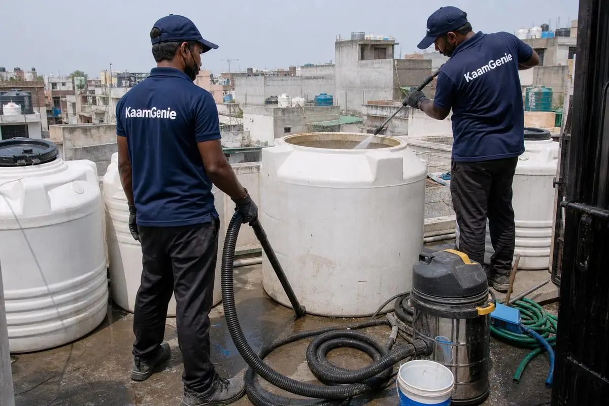 KaamGenie crew cleaning a water tank in Hari Nagar Ashram, Delhi