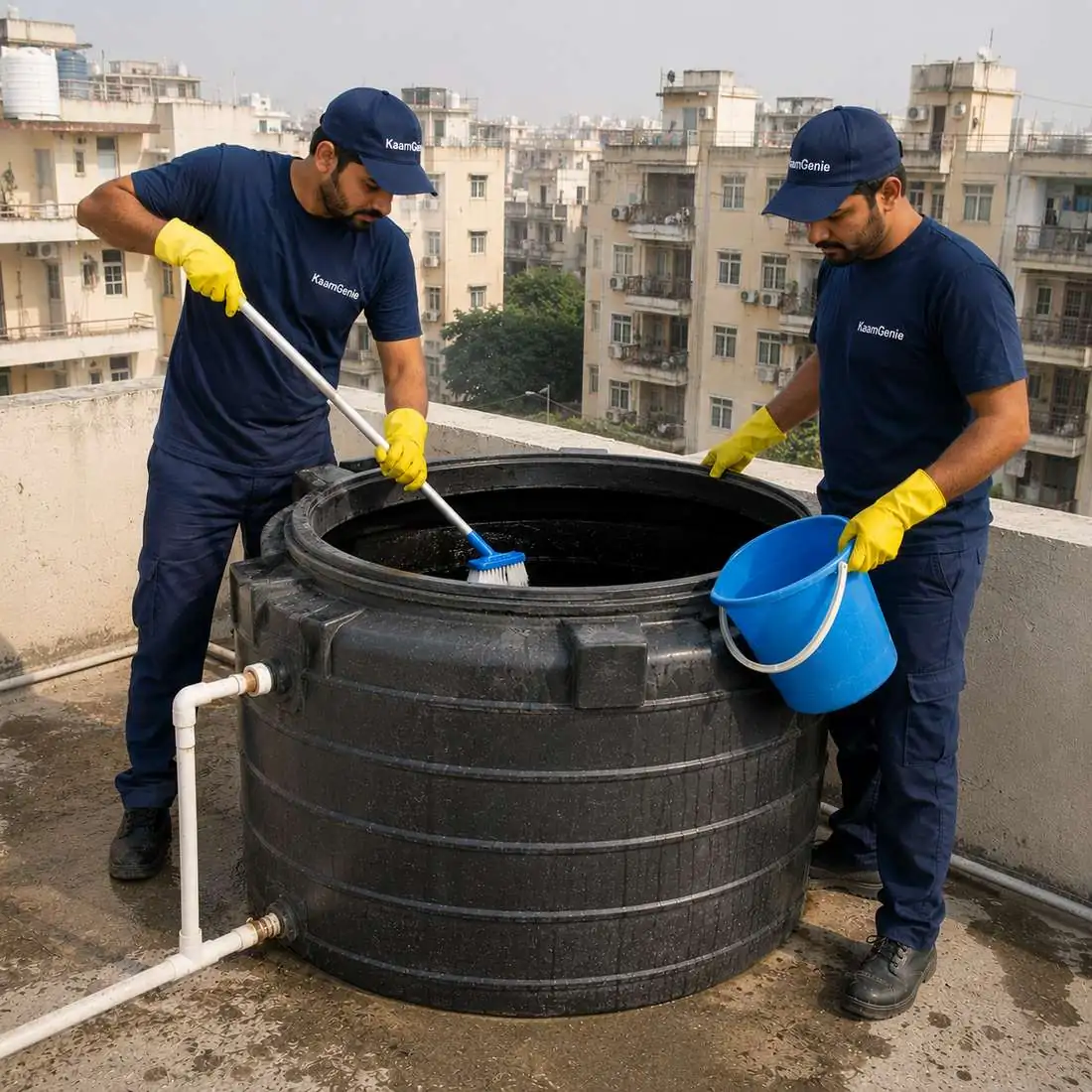 KaamGenie crew cleaning a water tank in Hari Nagar, West Delhi