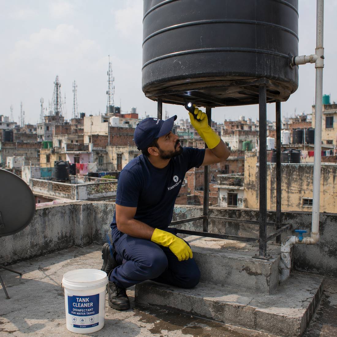 KaamGenie crew cleaning a water tank in Harsh Vihar, East Delhi