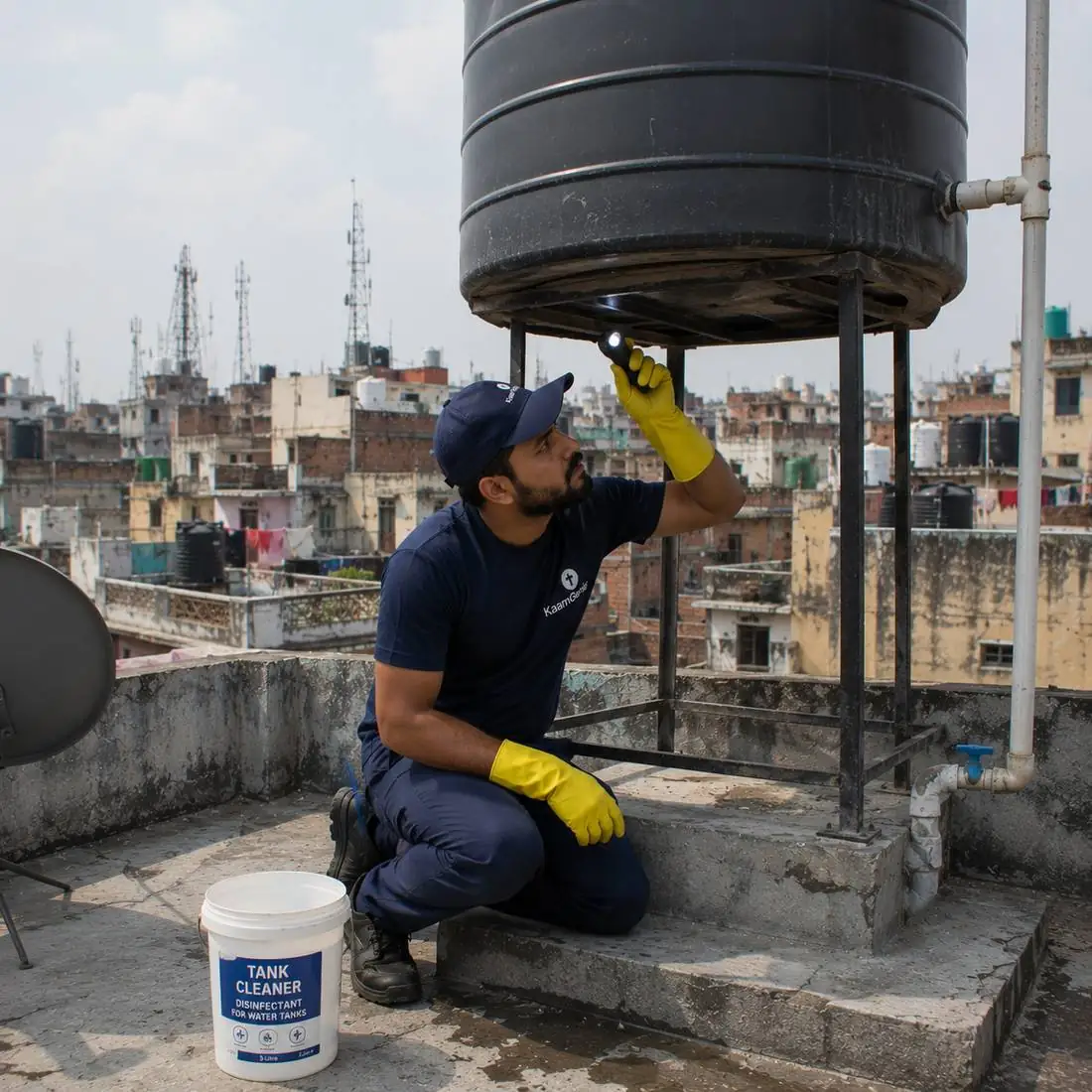 KaamGenie crew cleaning a water tank in Harsh Vihar, East Delhi