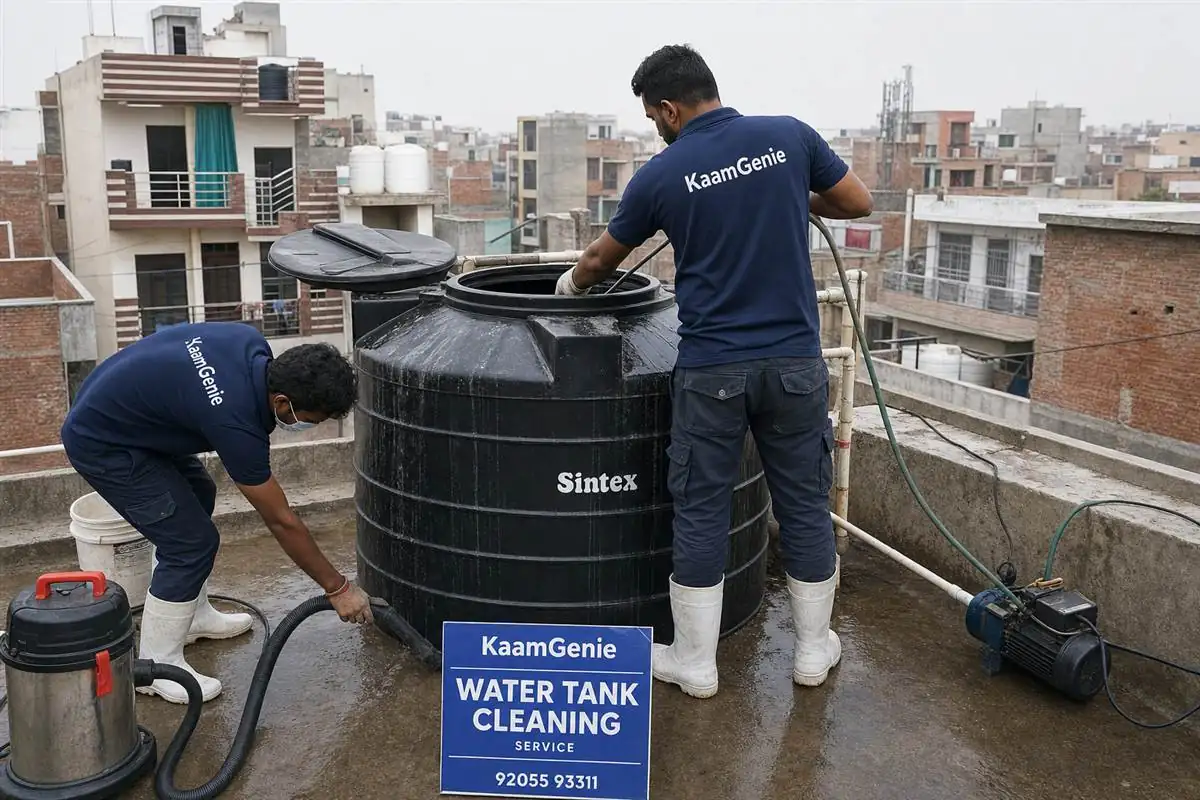 KaamGenie crew cleaning a water tank in Hastsal, Delhi