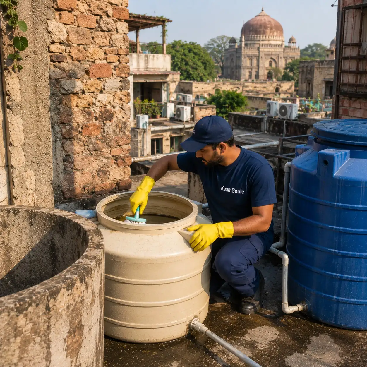 KaamGenie crew cleaning a water tank on a narrow Hauz Khas Village rooftop with the Hauz Khas tomb dome in the distance