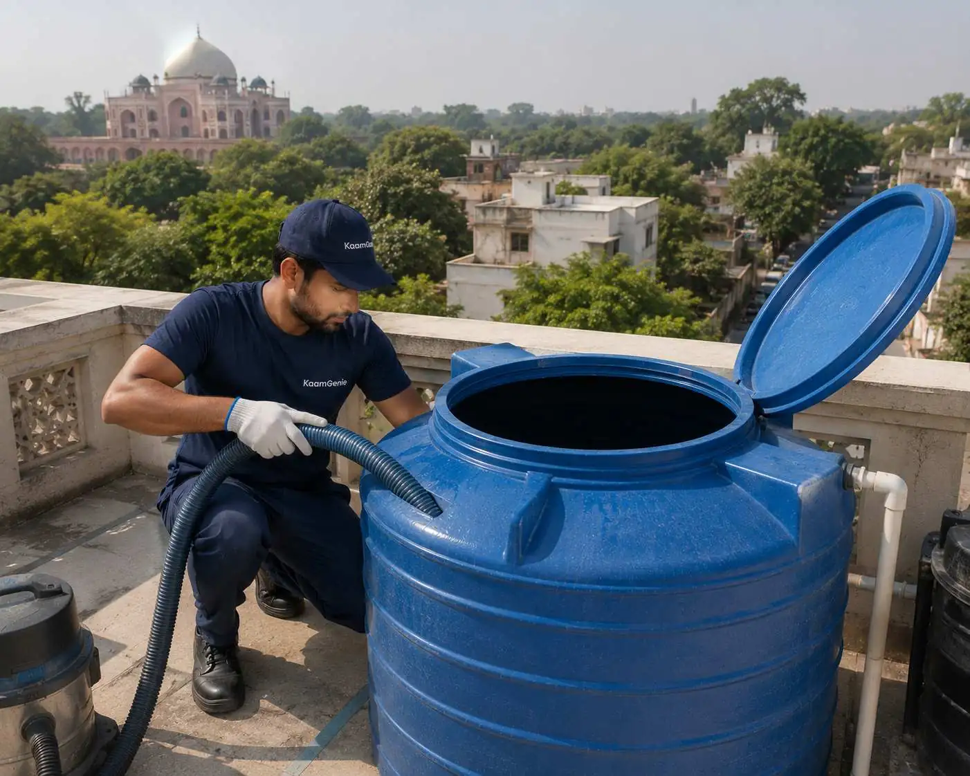 KaamGenie crew cleaning an overhead water tank on a Hazrat Nizamuddin rooftop in South Delhi