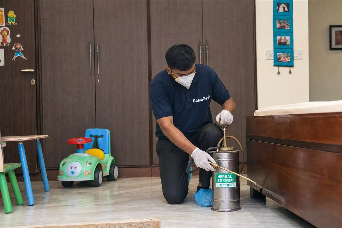 KaamGenie technician carrying out a low-toxicity, herbal-based pest treatment in a Delhi family home with a child and pet nearby