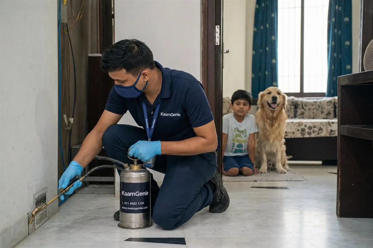KaamGenie technician sealing a wall gap and fitting mesh as part of a low-toxicity IPM pest treatment in a Delhi home
