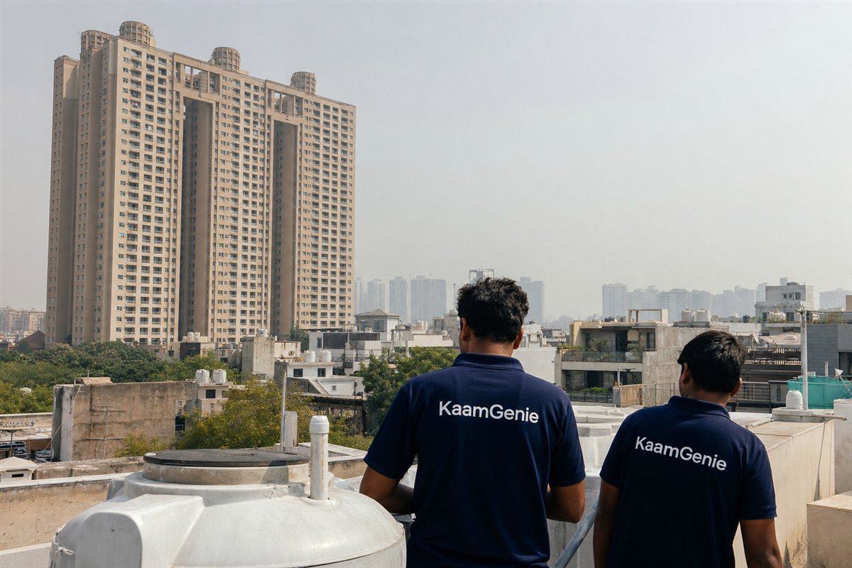 Split scene of a tall Gurgaon society tower with rooftop tanks beside low plotted builder floors, a KaamGenie crew in navy shirts at each
