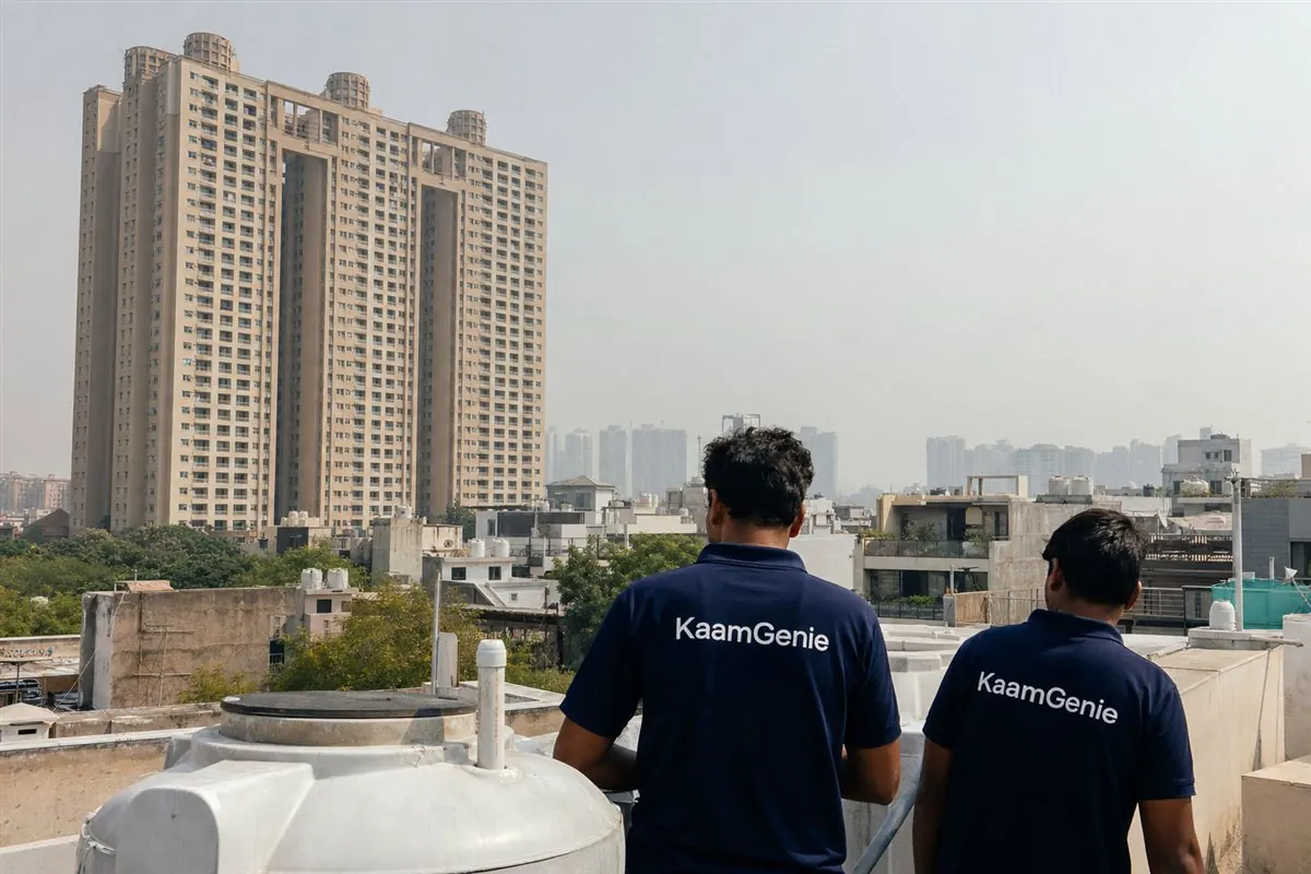 Split scene of a tall Gurgaon society tower with rooftop tanks beside low plotted builder floors, a KaamGenie crew in navy shirts at each