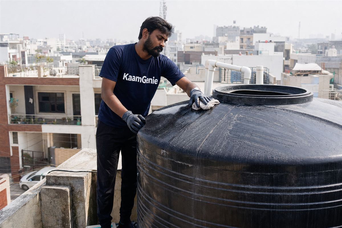 Calcium and iron scale on the inside wall of a Noida plastic terrace tank caused by hard borewell groundwater