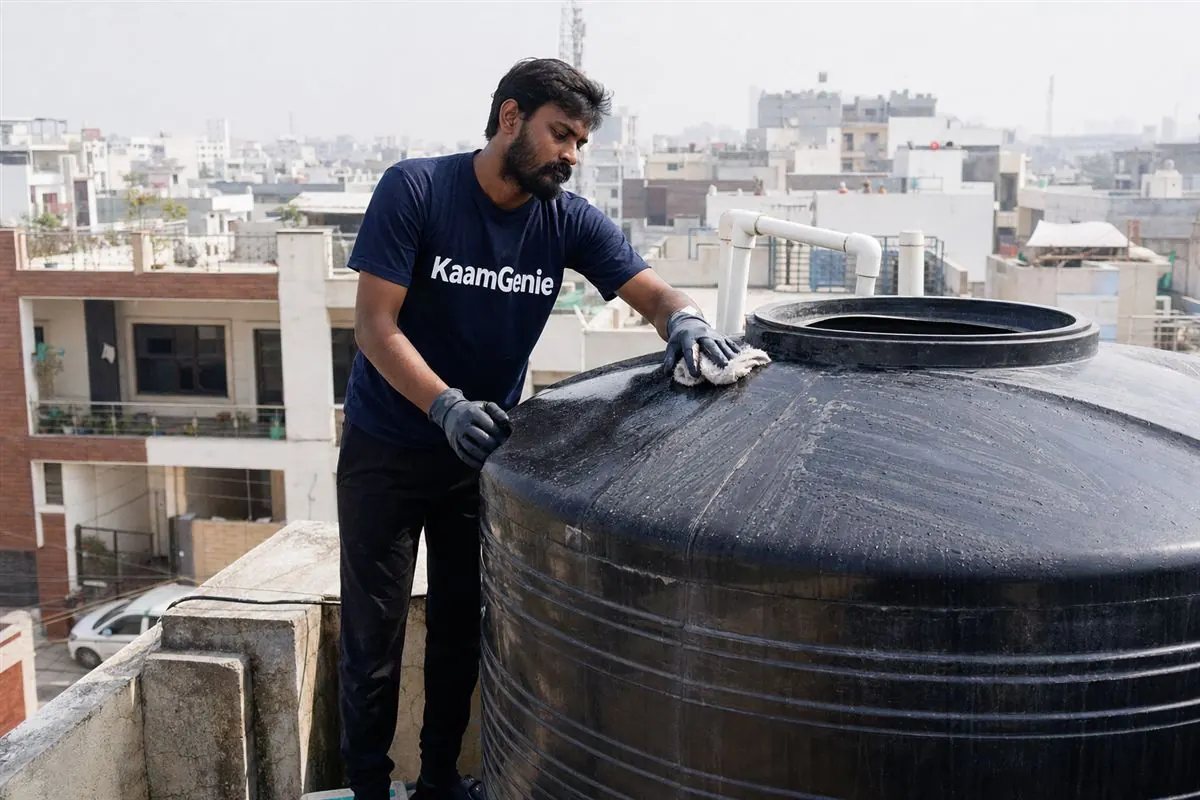 Calcium and iron scale on the inside wall of a Noida plastic terrace tank caused by hard borewell groundwater