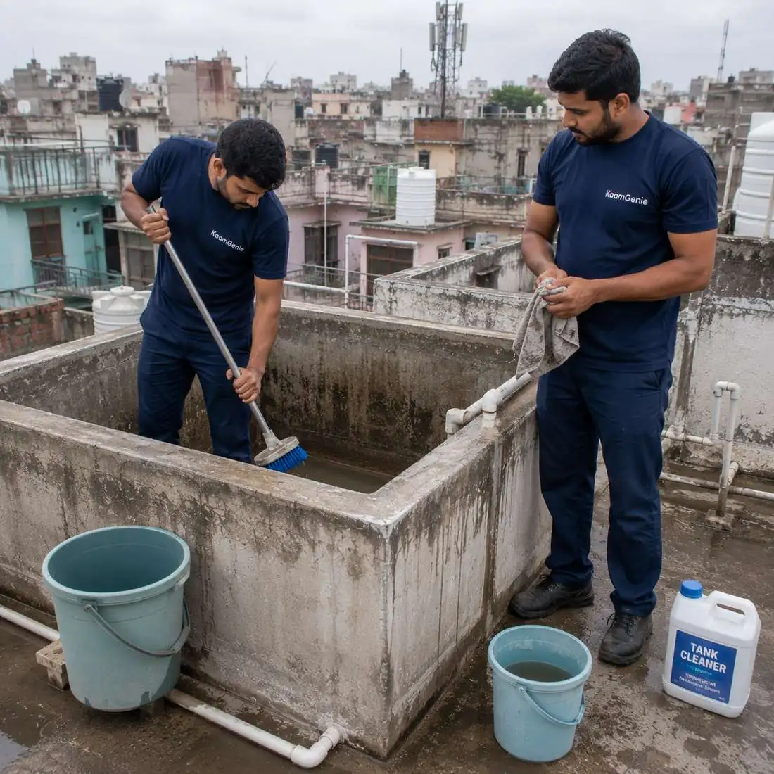 KaamGenie crew cleaning a water tank in Himmatpuri, East Delhi