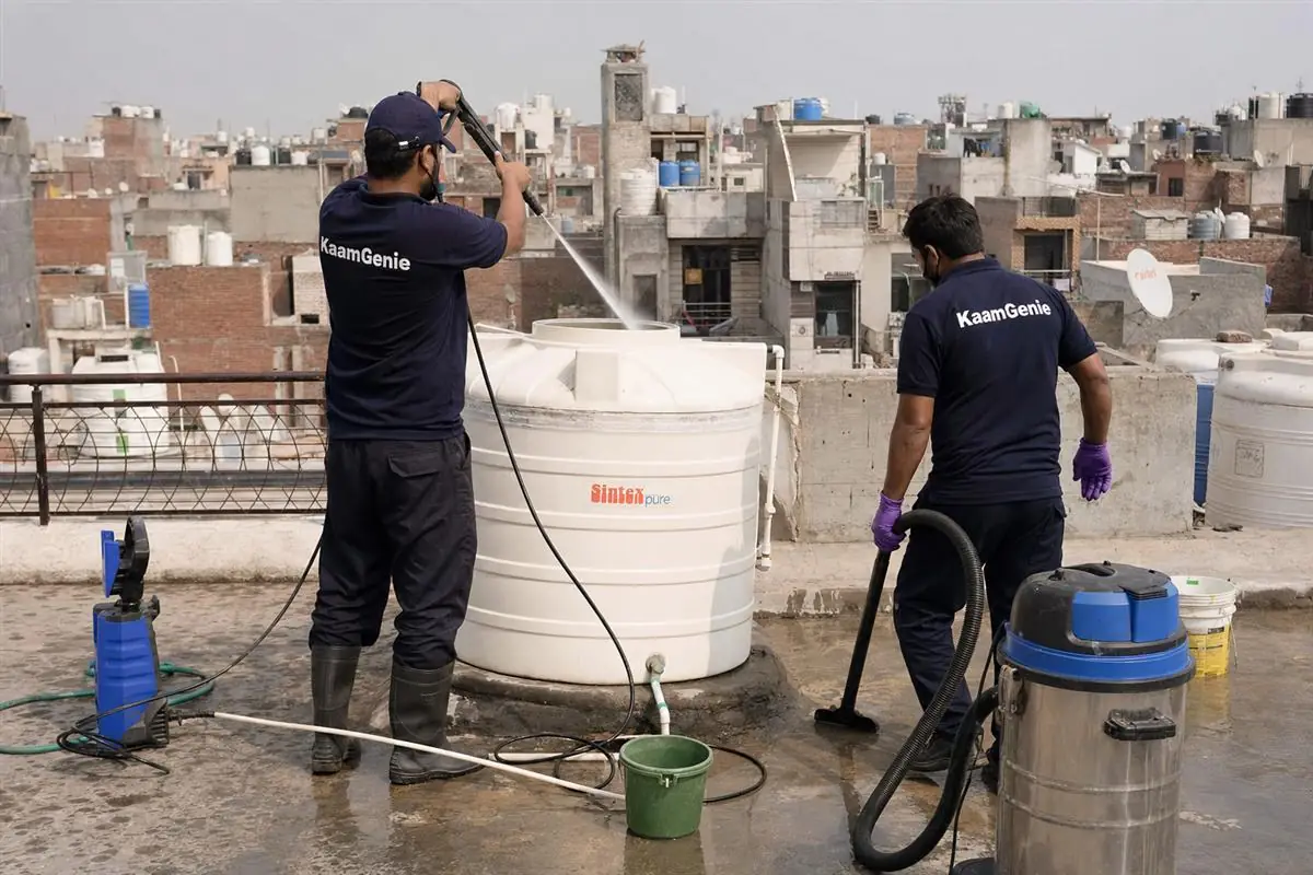 KaamGenie crew cleaning a water tank in Holambi Kalan, Delhi