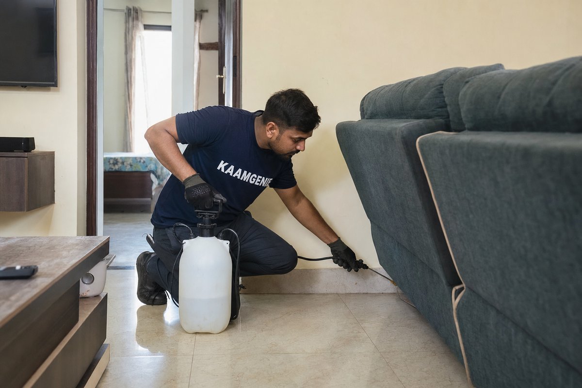 KaamGenie technician spraying the skirting behind a sofa in a typical Delhi 2BHK living room during a general home pest control visit