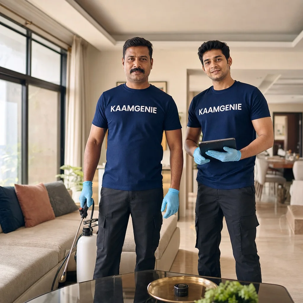 KaamGenie pest control technicians treating a modern Delhi home living room