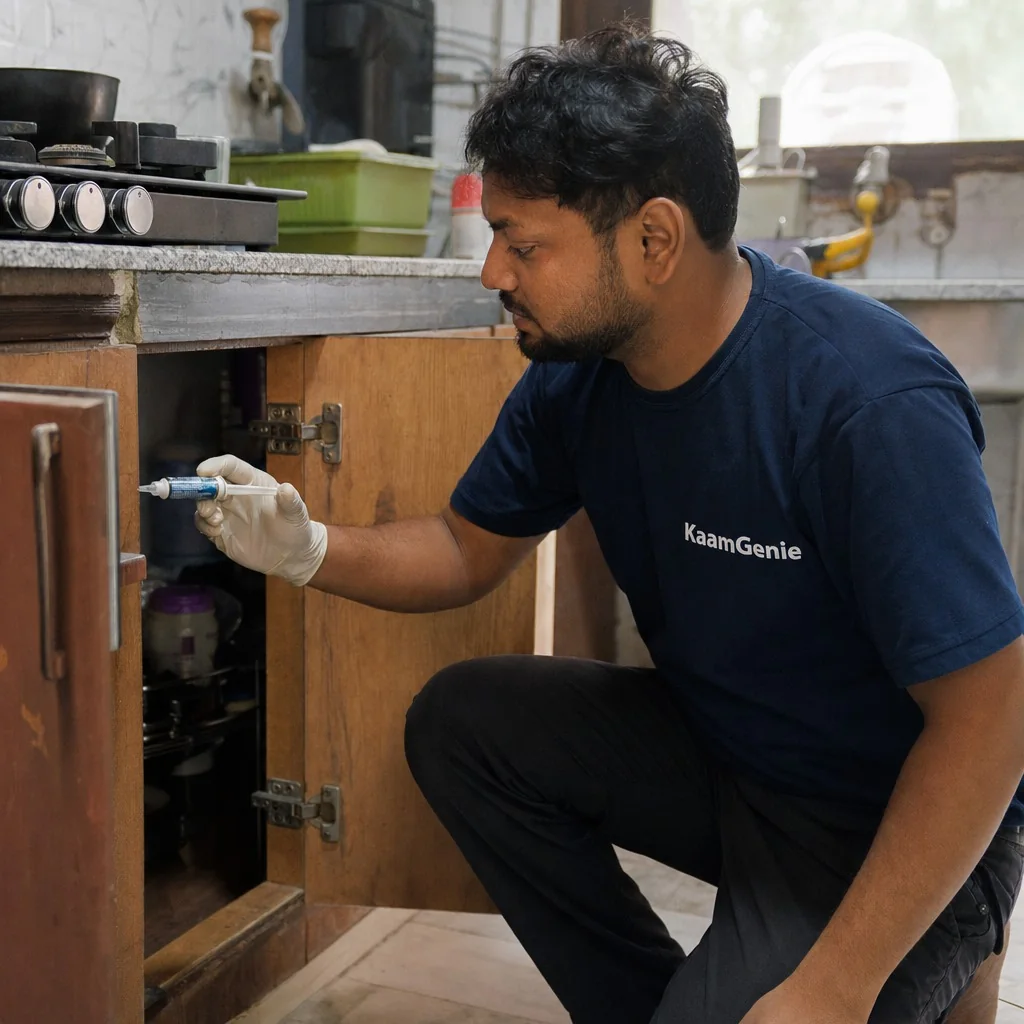 KaamGenie technician applying gel bait inside a Delhi kitchen cabinet hinge