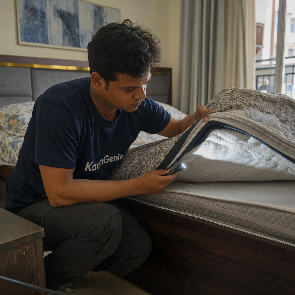 KaamGenie technician inspecting a Delhi bedroom mattress for bed bugs