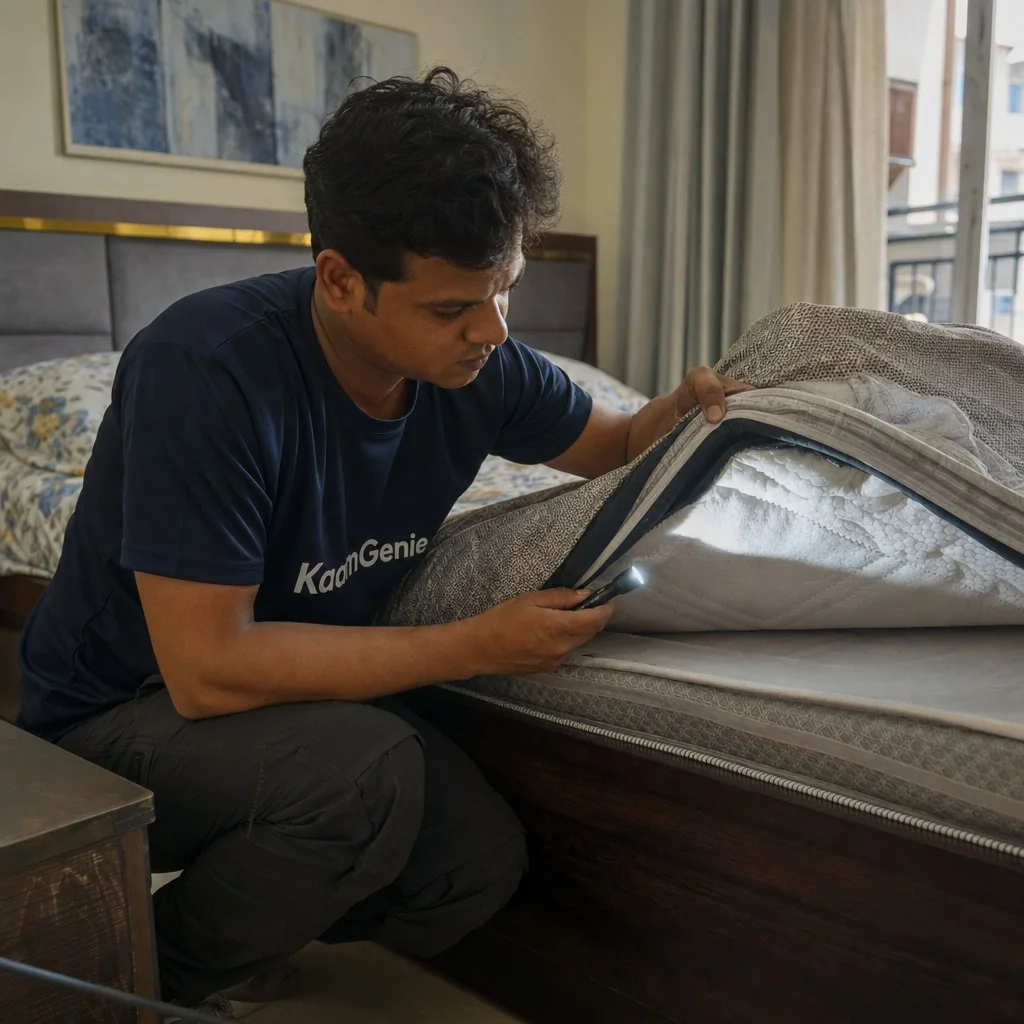 KaamGenie technician inspecting a Delhi bedroom mattress for bed bugs