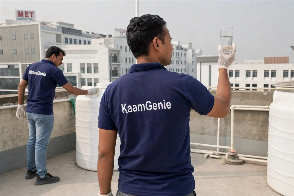 A KaamGenie worker in a navy shirt testing water clarity in a glass beside a freshly cleaned hospital tank in Gurgaon