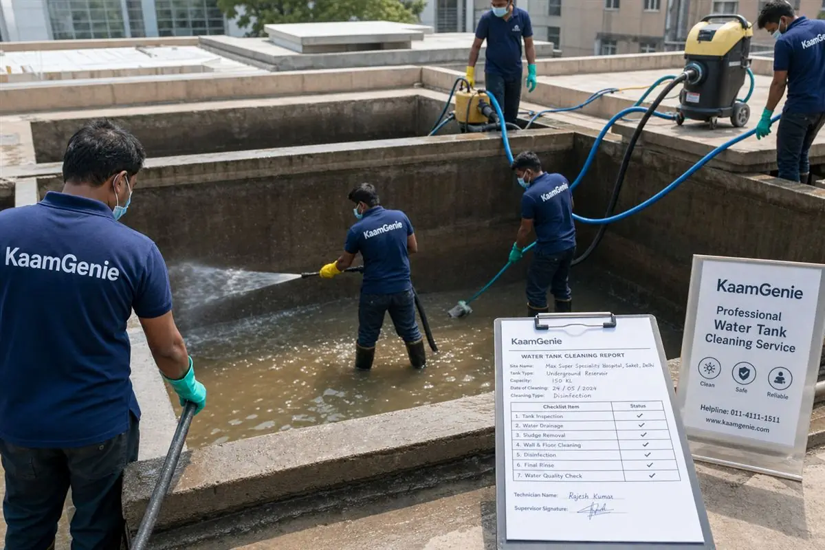 KaamGenie crew disinfecting an underground water reservoir at a Delhi hospital with documented cleaning records