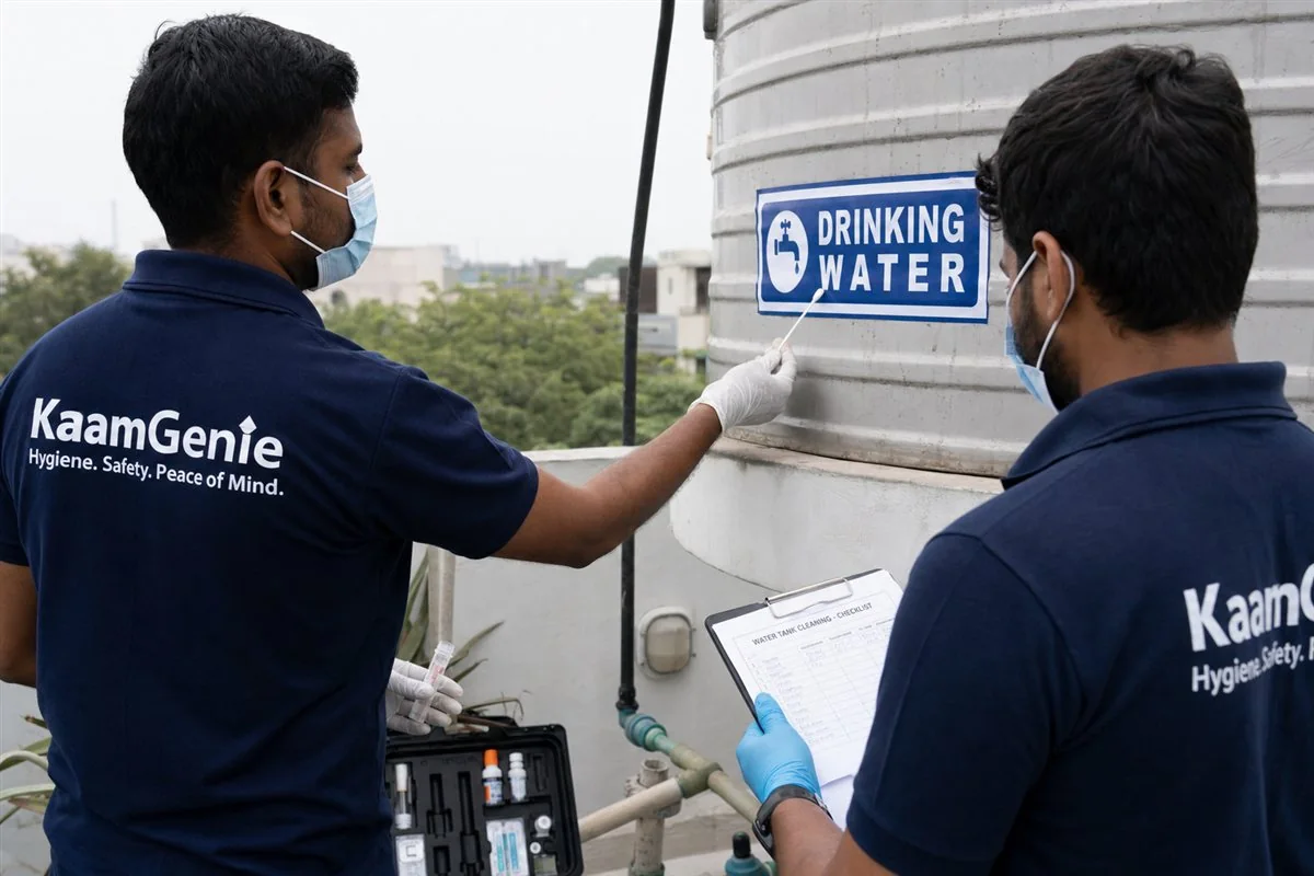 KaamGenie crew disinfecting an underground water reservoir at a Delhi hospital with documented cleaning records