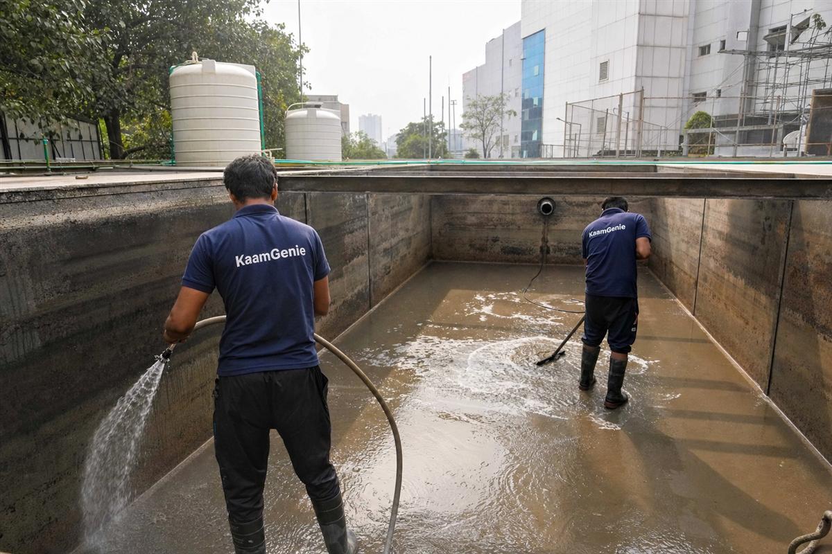 Two KaamGenie workers in navy shirts cleaning a very large underground reservoir at a Noida hospital campus