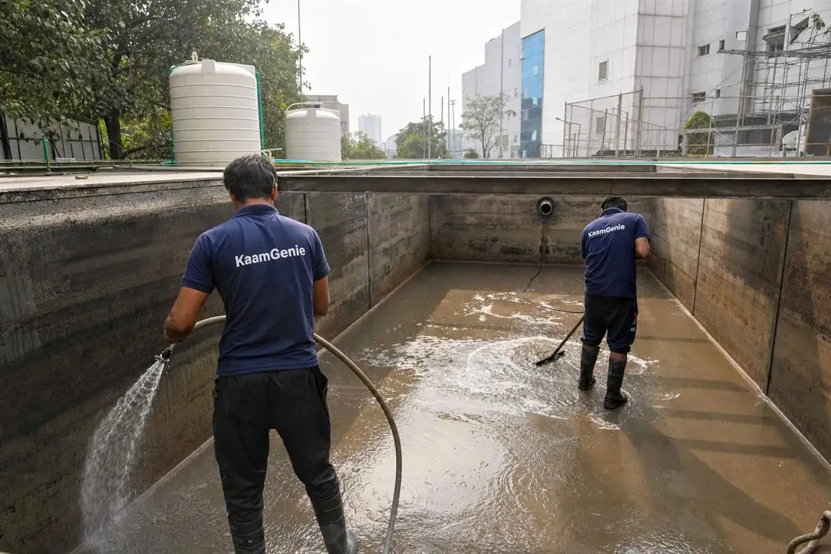Two KaamGenie workers in navy shirts cleaning a very large underground reservoir at a Noida hospital campus